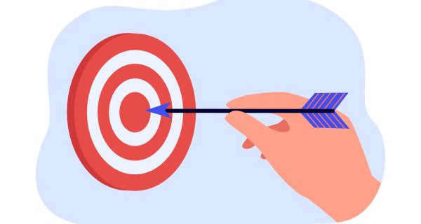 Hand holding dart close to target. Person with idea, goal or aim flat vector illustration. Motivation, marketing, challenge, success concept for banner, website design or landing web page